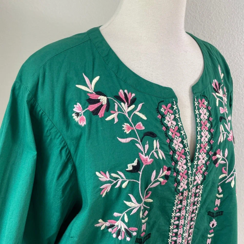 J Jill Womens Plus 2X Green Floral Embroidered Tunic Top Shirt Long Sleeve - Picture 8 of 8